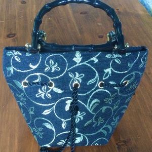 Talbots Black/Gold Clutch Purse with Bamboo Handles.